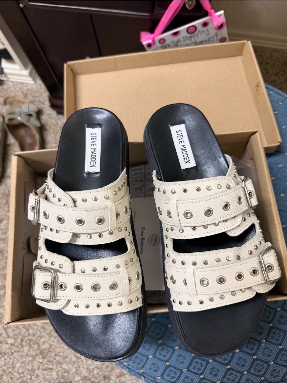 Studded Bone Leather Double-Buckle Slide Sandals Steve Madden Sz 8  new Melanie
